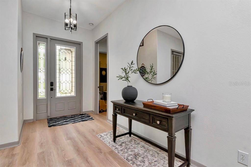 A foyer features a gray front door, light wood flooring, and a dark wood console table — 20110 POND SPRING WAY, TAMPA, FL
