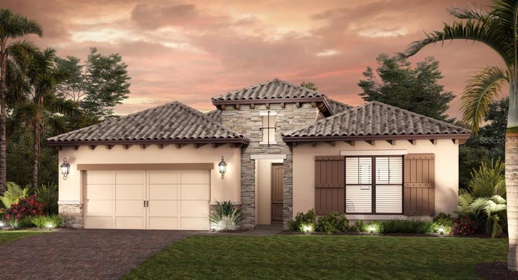 A digital rendering of a one-story house with a tile roof, stone accents, and garage — 504 BOCELLI DRIVE, NORTH VENICE, FL