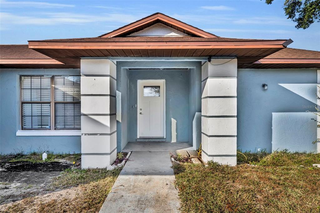 The exterior of a house features a blue stucco facade, a white front door, and columns — 15215 SW 39TH CIRCLE, OCALA, FL