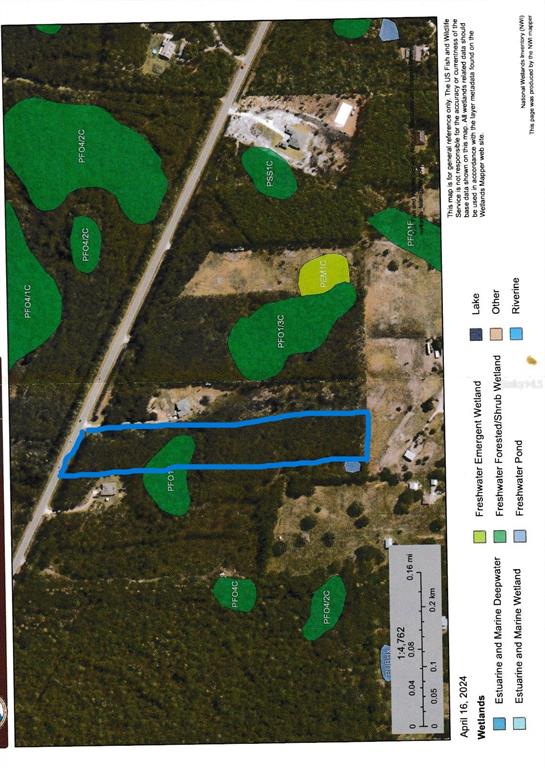 This is a National Wetlands Inventory map showing a property outlined in blue — 4297 W HIGHWAY 100, BUNNELL, FL