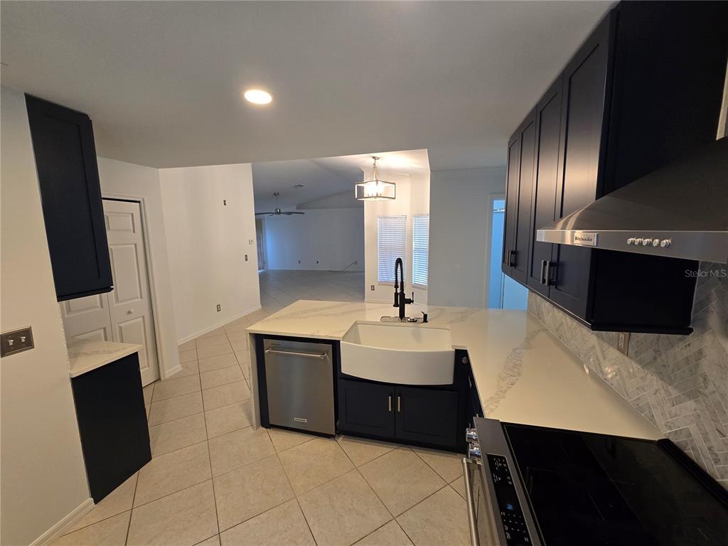 A kitchen features dark cabinets, white countertops, a farmhouse sink, and stainless steel appliances — 219 NW 25TH PLACE, CAPE CORAL, FL