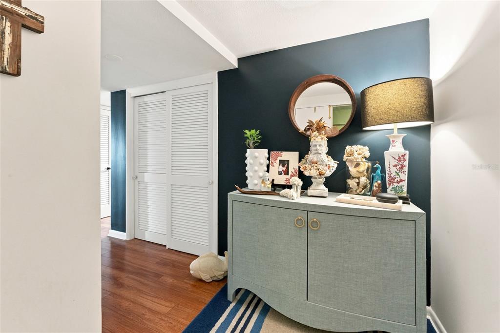 A hallway features a blue accent wall, a light blue cabinet, and wood flooring — 2611 BAYSHORE BOULEVARD UNIT 303, TAMPA, FL