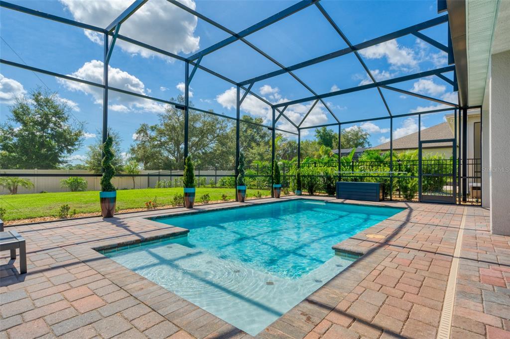 A screened-in swimming pool with a paver deck and a grassy backyard — 1981 FLORA PASS PLACE, KISSIMMEE, FL