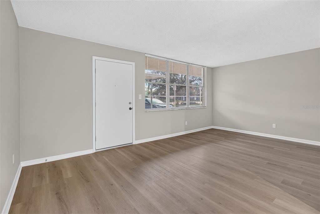 An empty room features light gray walls, wood-look flooring, a white door, and a window — 4885 1ST STREET NE UNIT 109, ST PETERSBURG, FL
