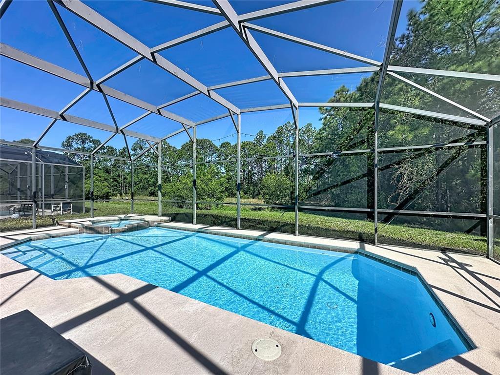 A rectangular swimming pool and attached spa are enclosed within a screened-in lanai — 344 ORANGE COSMOS BOULEVARD, DAVENPORT, FL