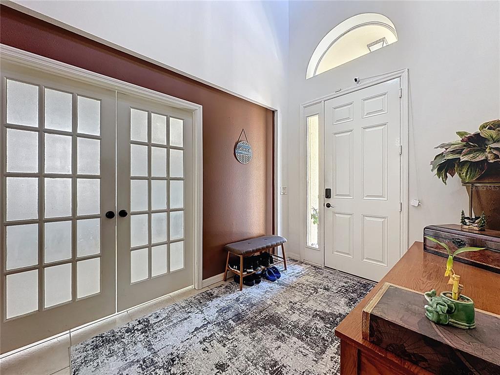 A bright entryway features a high ceiling, a brown accent wall, and a patterned rug — 344 ORANGE COSMOS BOULEVARD, DAVENPORT, FL
