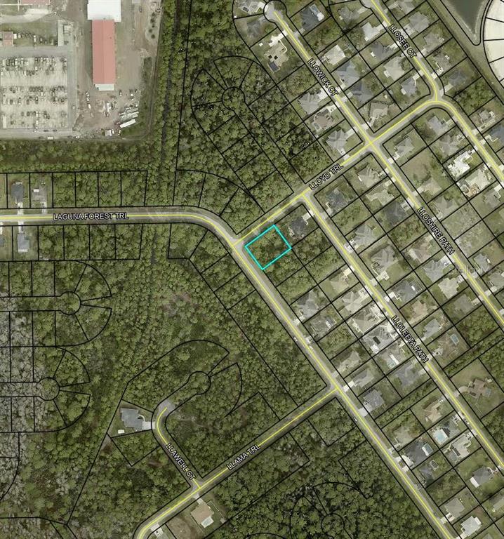 This is an aerial map showing a highlighted residential lot at a street intersection — 000 LAGUNA FOREST TRAIL, PALM COAST, FL