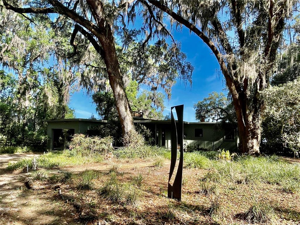 A single-story house with a flat roof is nestled among large, moss-draped oak trees — 1800 SW 35TH PLACE, GAINESVILLE, FL
