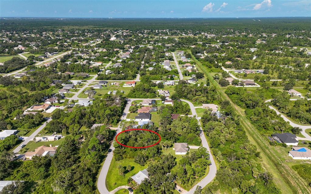 An aerial view shows a wooded vacant lot circled in red next to a house — RABBITT AVENUE, NORTH PORT, FL