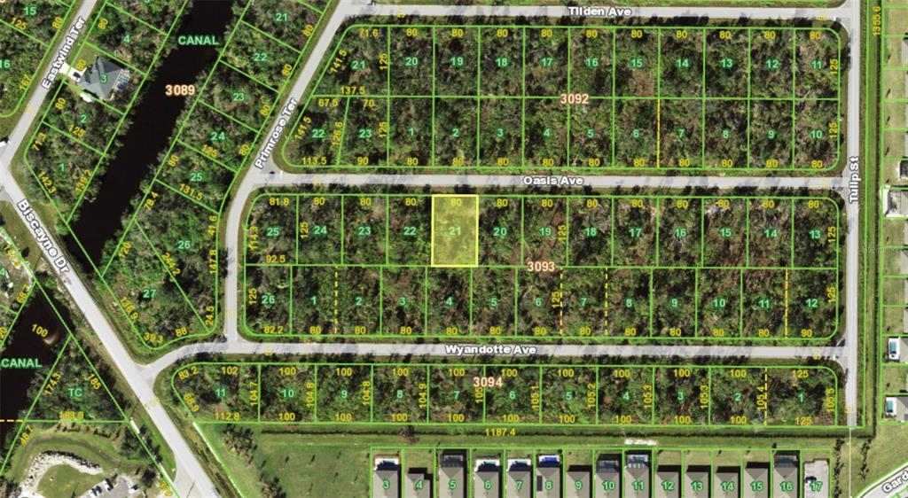 This is a map showing a residential subdivision with multiple vacant lots and streets — 15469 OASIS AVENUE, PORT CHARLOTTE, FL