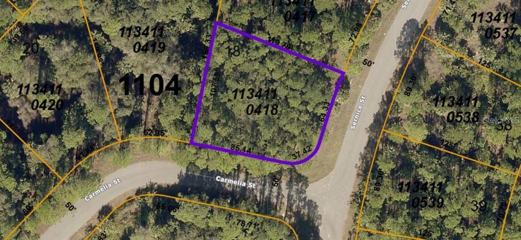 This is an aerial map showing a highlighted vacant lot at a street intersection — SERNICE STREET, NORTH PORT, FL