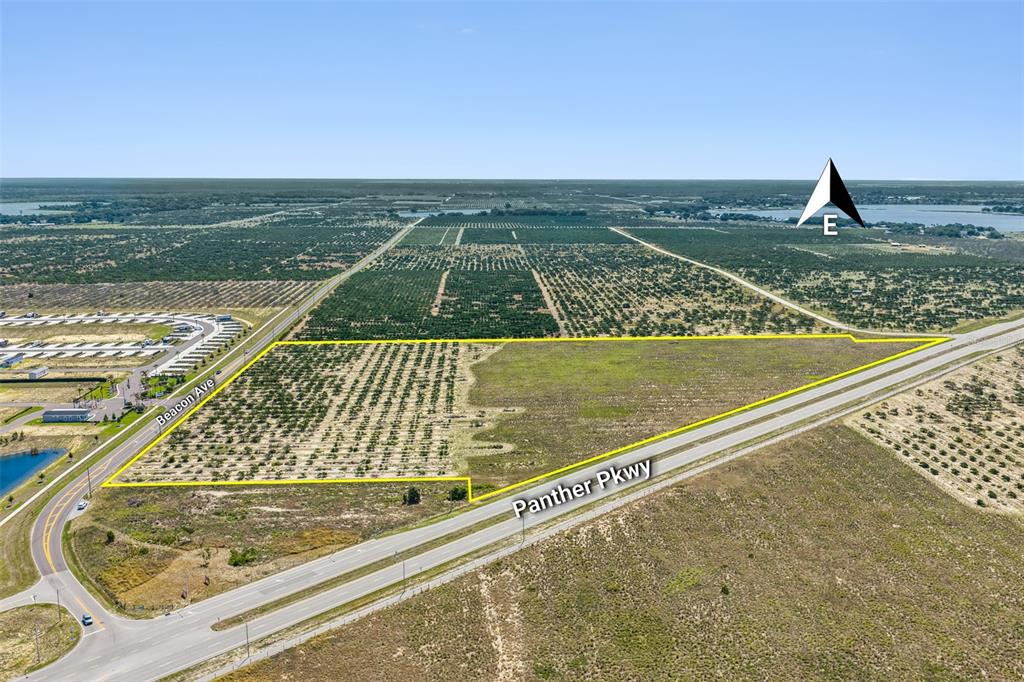 An aerial view shows a vacant, rectangular plot of land outlined in yellow near roads — PANTHER PARKWAY, SEBRING, FL