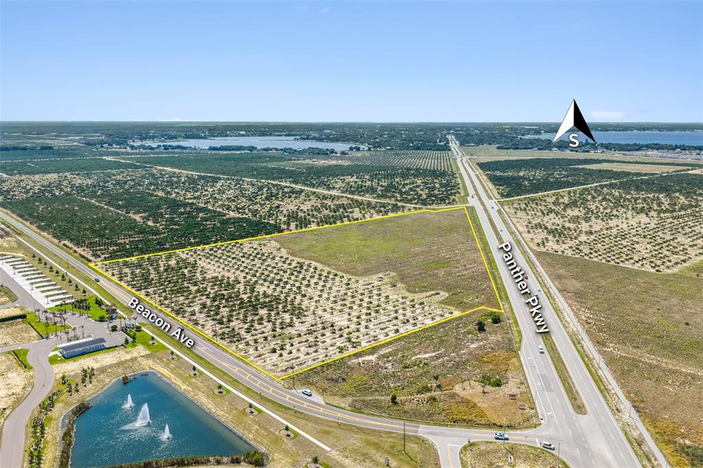 An aerial view shows a vacant, triangular plot of land bordered by two paved roads — PANTHER PARKWAY, SEBRING, FL
