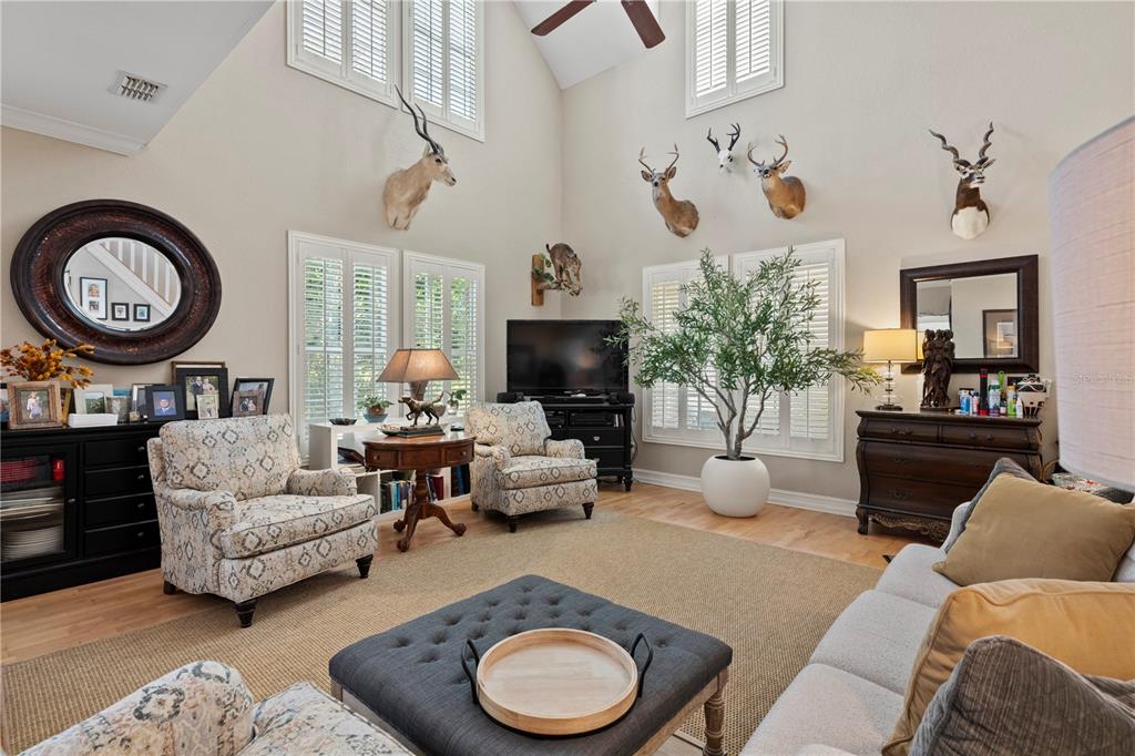A living room features vaulted ceilings, taxidermy mounts, patterned armchairs, and a central ottoman — 210 TUCKER SPRINGS ROAD, SOPCHOPPY, FL