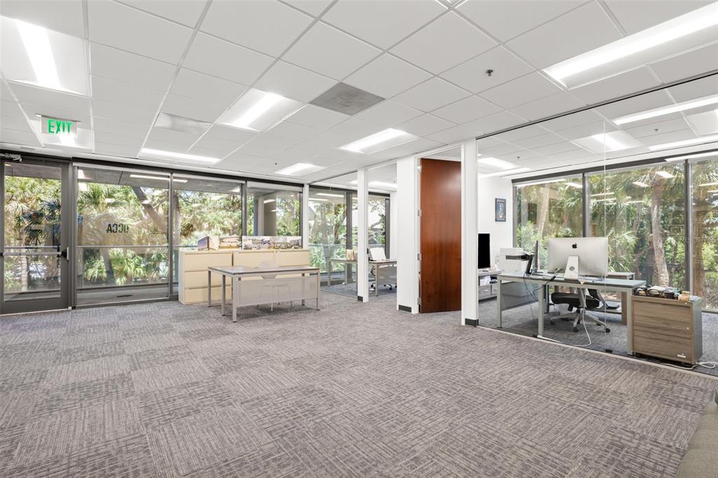 An office space with carpeted floors, drop ceilings, glass walls, and views of trees outside — 2701 N ROCKY POINT DRIVE UNIT 105, TAMPA, FL