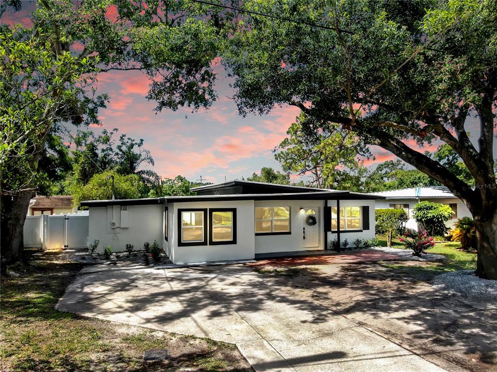A single-story house with a flat roof, white exterior, and a concrete driveway under large trees — 4112 W LAWN AVENUE, TAMPA, FL