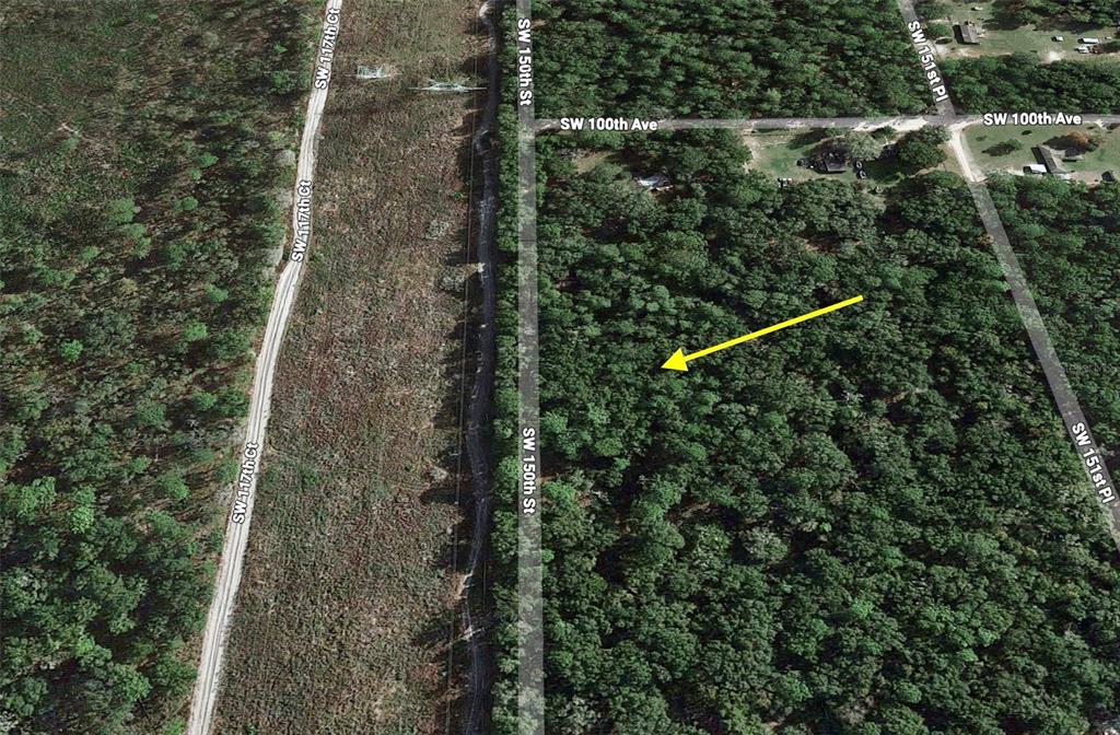 This aerial map shows a wooded lot bordered by roads and a power line easement — TRACT 29 SW 150TH STREET, DUNNELLON, FL