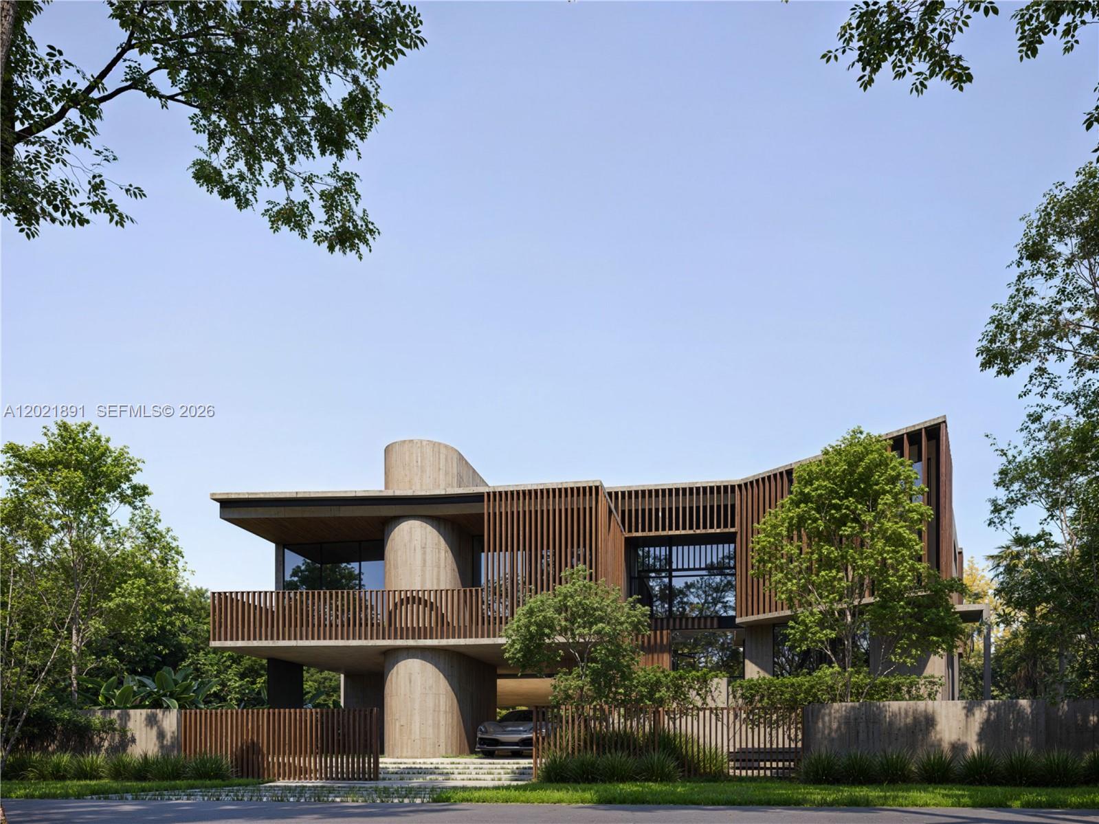 This is a rendering of a modern two-story house with concrete columns and wooden slats — 238 Buttonwood Dr, Key Biscayne FL 33149, KEY BISCAYNE, FL