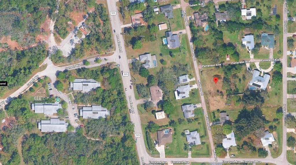 This is an aerial map view of a residential neighborhood with a highlighted vacant lot — 8435 PATTERSON AVENUE, SEBASTIAN, FL