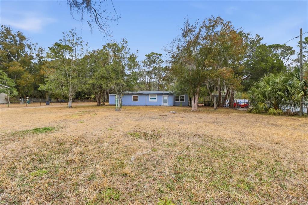 A blue single-story house sits in the middle of a large, dry grassy yard — 6771 W SASSER STREET, HOMOSASSA, FL