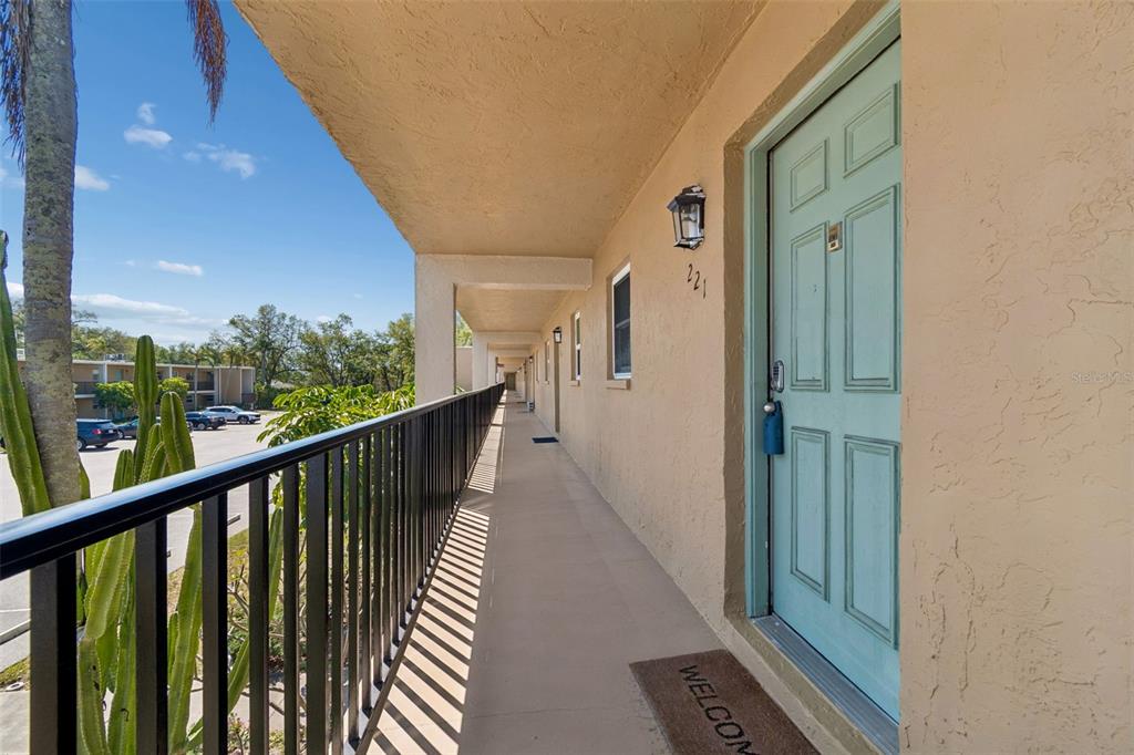 An outdoor apartment balcony features a light blue door, a welcome mat, and metal railings — 12300 PARK BOULEVARD UNIT 221, SEMINOLE, FL