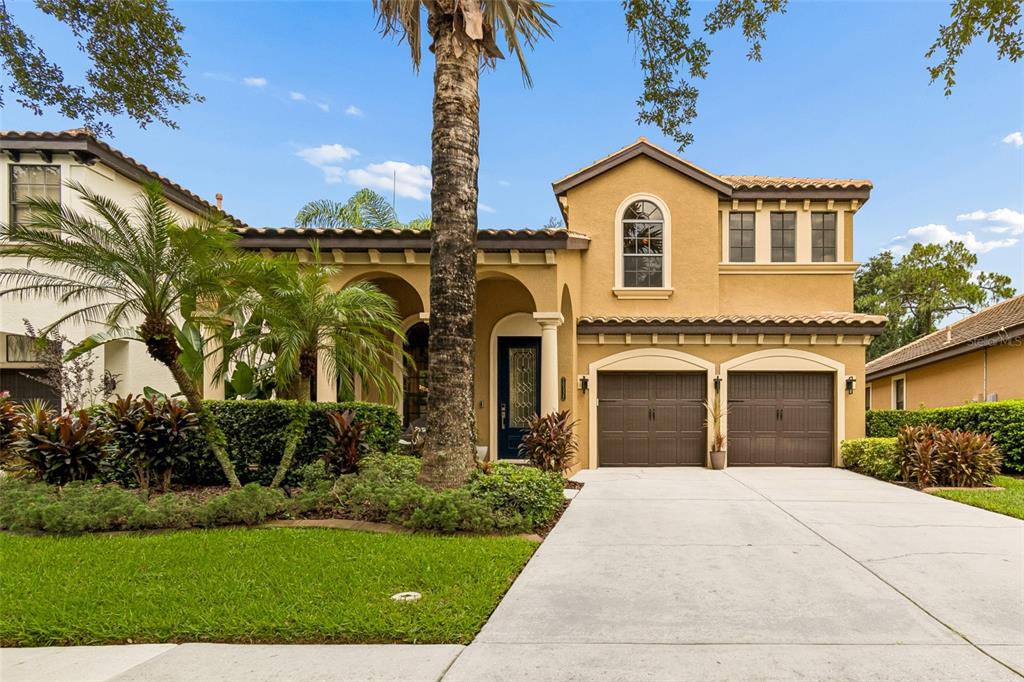 A two-story stucco house with a two-car garage, arched entryway, and a palm tree — 20338 CHESTNUT GROVE DRIVE, TAMPA, FL