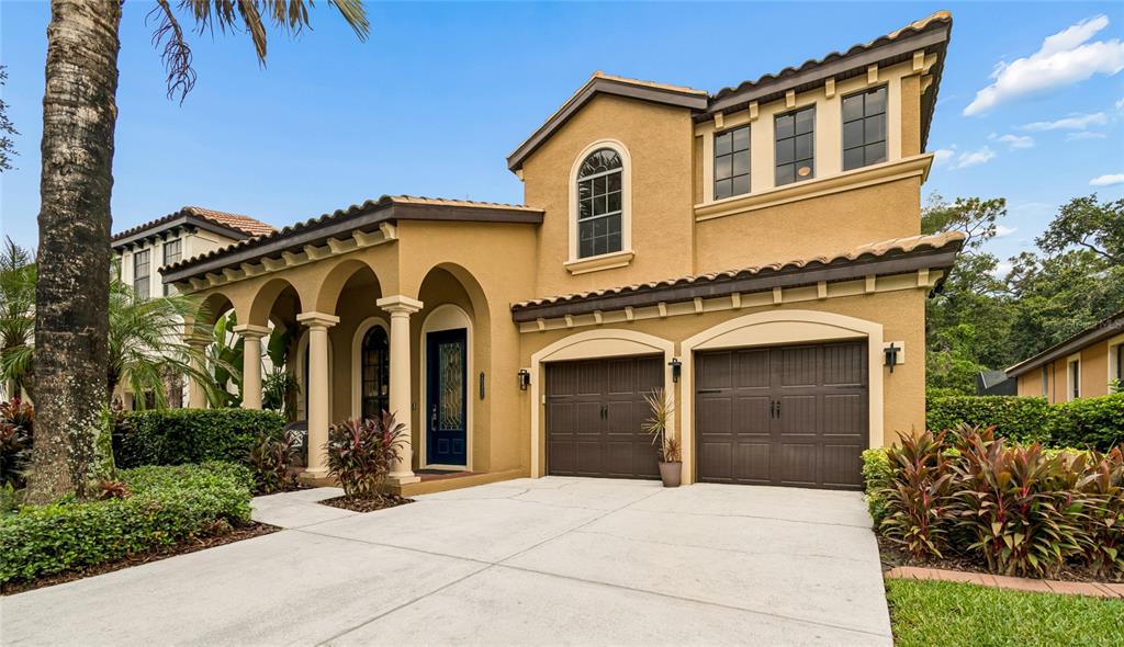 A two-story stucco house features a covered arched entryway and an attached two-car garage — 20338 CHESTNUT GROVE DRIVE, TAMPA, FL