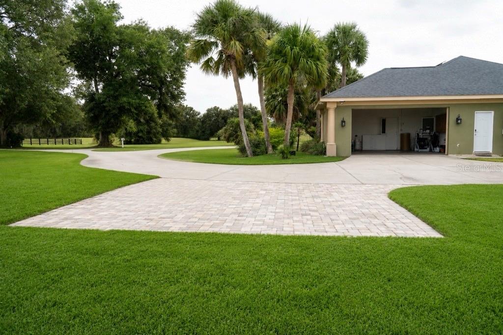 A paved driveway leads to a garage with a green exterior and palm trees nearby — 37180 COUNTY ROAD 452, GRAND ISLAND, FL
