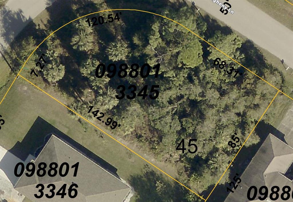 An aerial view shows a vacant, wooded residential lot with property boundary lines overlaid — PETUNIA TERRACE, NORTH PORT, FL