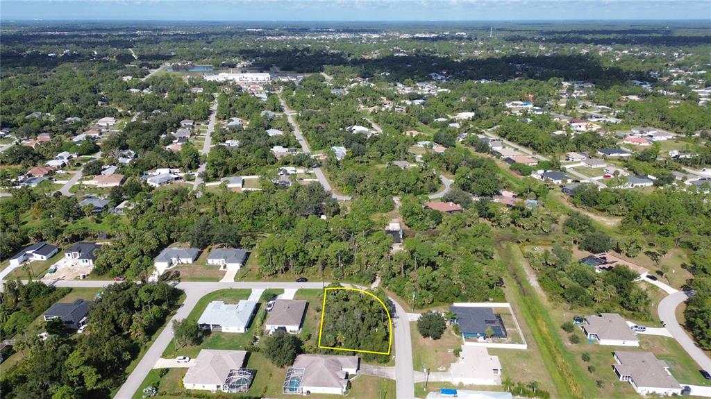 An aerial view shows a vacant, wooded residential lot outlined in yellow within a suburban neighborhood — PETUNIA TERRACE, NORTH PORT, FL