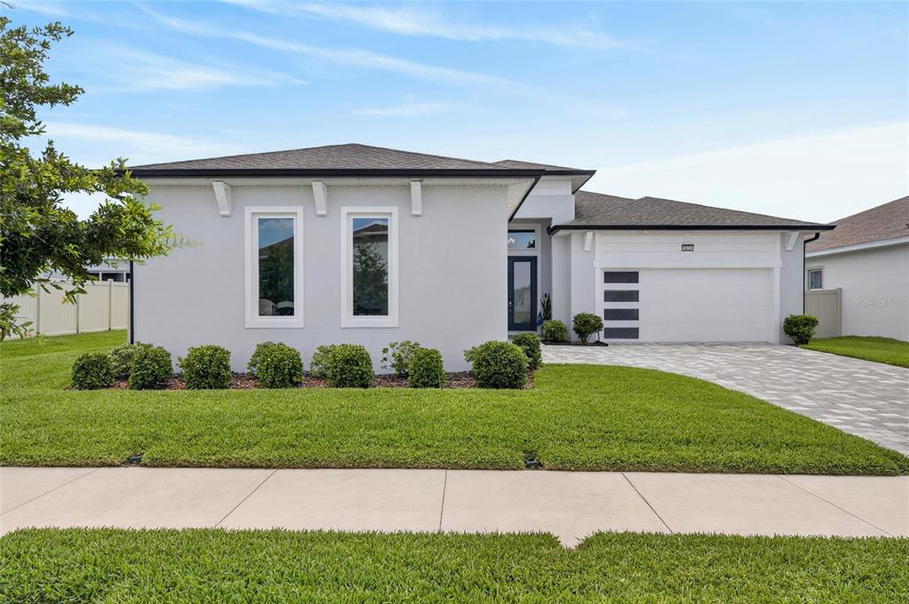 A single-story house with a light gray exterior, a two-car garage, and a paved driveway — 8634 DRUMMER PLANK DRIVE, WESLEY CHAPEL, FL