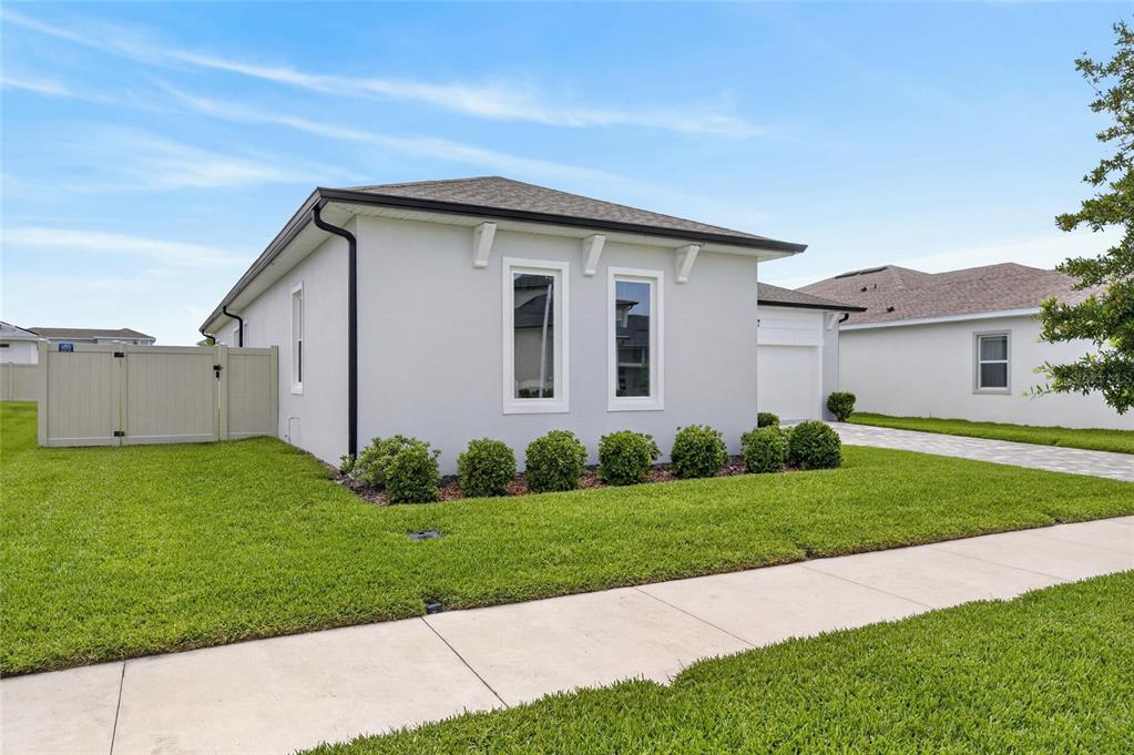 A light-colored single-story house with a hip roof, two tall windows, and a manicured lawn — 8634 DRUMMER PLANK DRIVE, WESLEY CHAPEL, FL