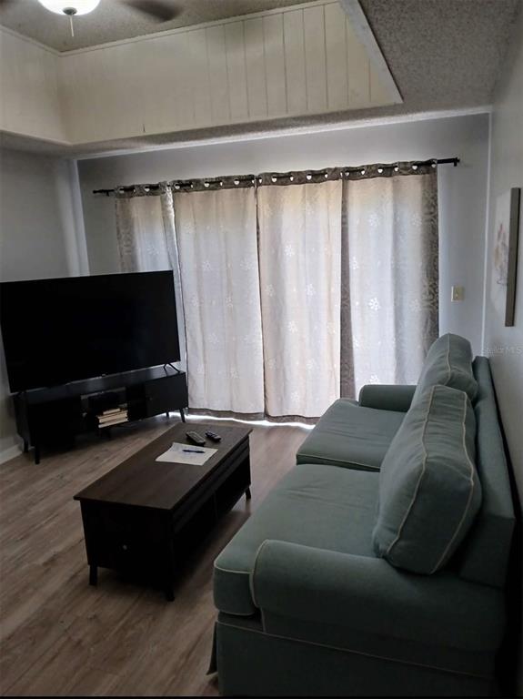 A living room features a light blue sofa, a dark coffee table, and a television — 6118 TOPHER TRAIL UNIT 6118, MULBERRY, FL