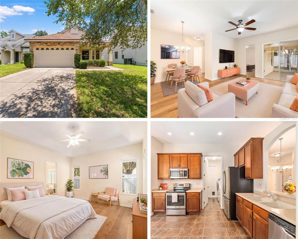 A collage showing a house exterior, a living and dining area, a bedroom, and kitchen — 10217 GRANITE COURT, LEESBURG, FL
