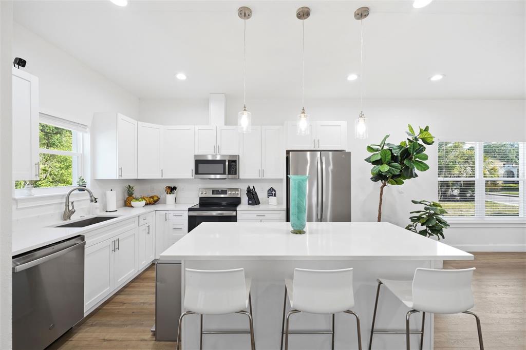 A bright kitchen features white cabinetry, stainless steel appliances, a large island, and wood flooring — 524 S GROSSE AVE AVENUE, TARPON SPRINGS, FL