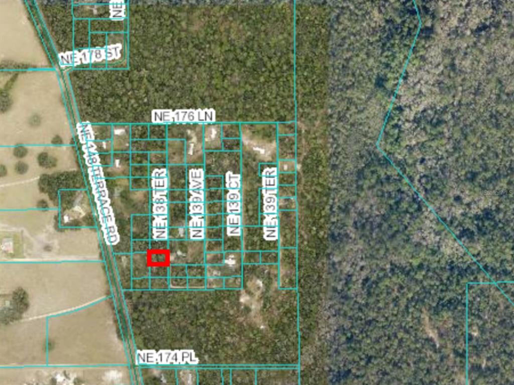 This is an aerial map showing property boundaries and street names in a wooded area — 0 NE 138TH TERRACE, FORT MC COY, FL