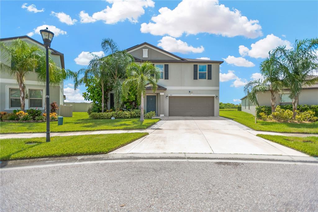 A two-story suburban house with a concrete driveway, a two-car garage, and palm trees — 5441 RAINWOOD MEADOWS DRIVE, APOLLO BEACH, FL