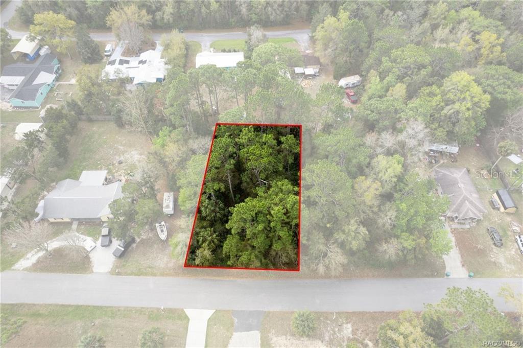 An aerial view shows a rectangular, wooded vacant lot outlined in red along a road — 7636 W SUNBURST LANE, HOMOSASSA, FL
