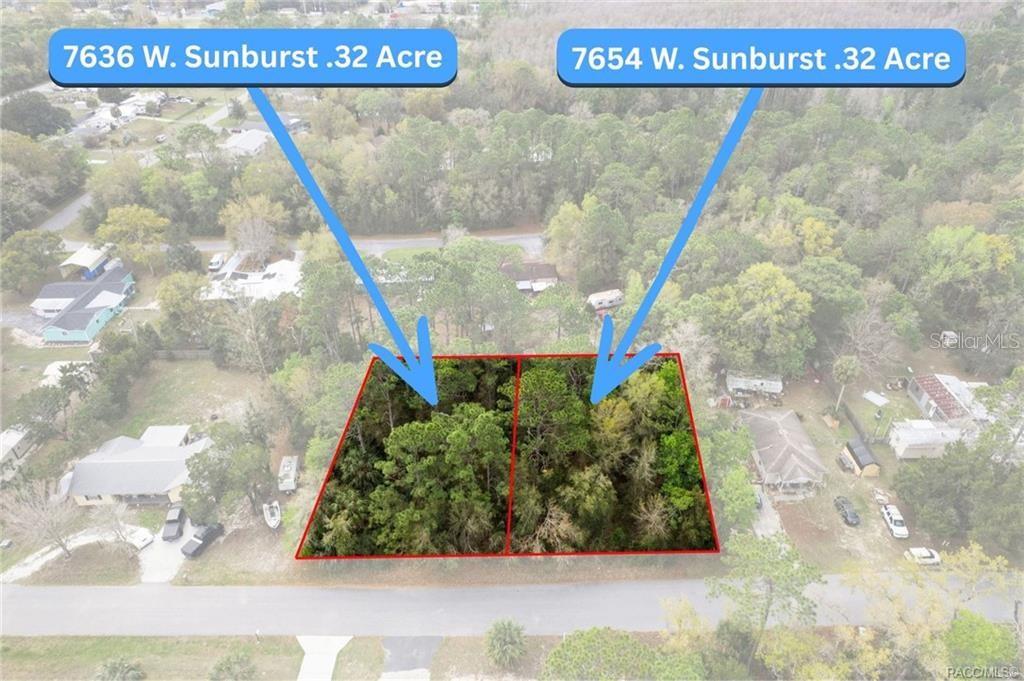 An aerial view shows two adjacent, wooded, rectangular residential lots outlined in red — 7636 W SUNBURST LANE, HOMOSASSA, FL