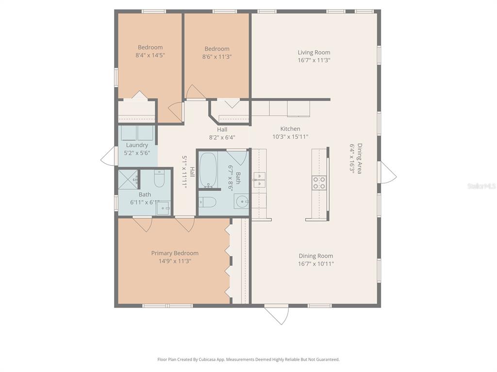 This is a floor plan showing a three-bedroom, two-bathroom home with an open-concept living area — 4320 44TH STREET N, ST PETERSBURG, FL