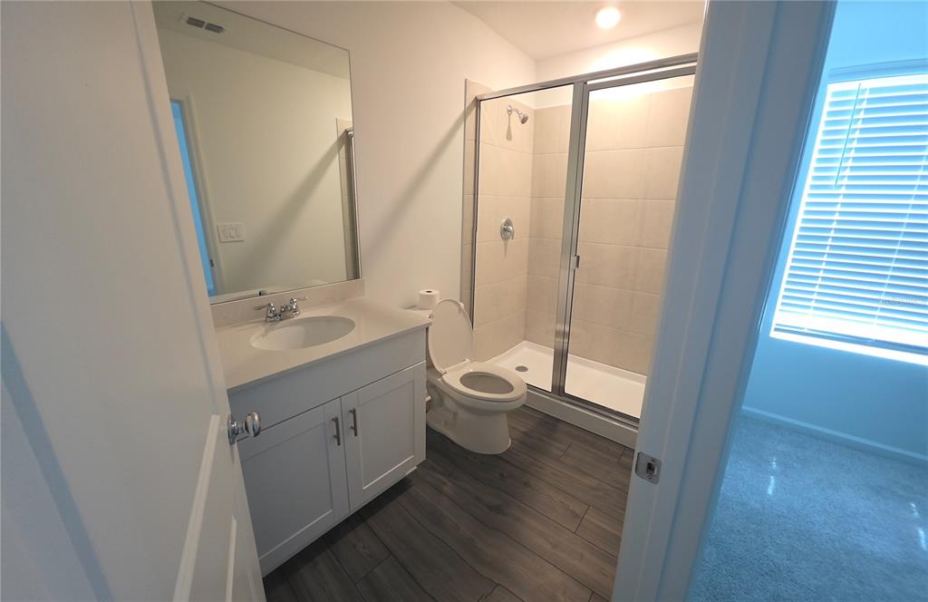 A bathroom features a white vanity, a glass-enclosed shower, and wood-look flooring — 7191 SW 92ND STREET, OCALA, FL