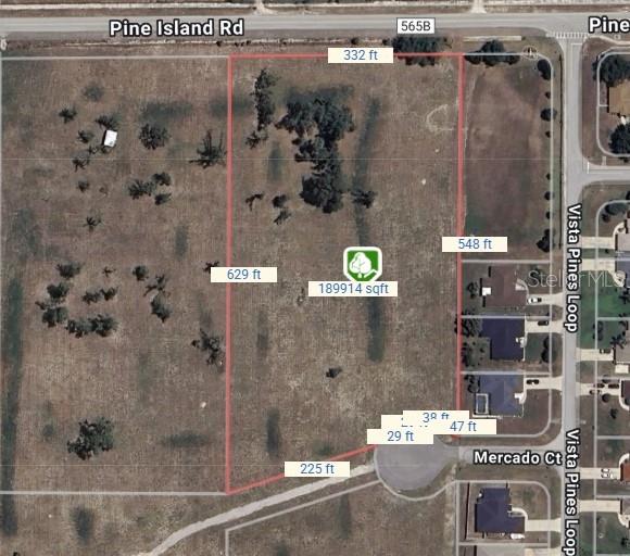 This is an aerial map showing a vacant rectangular plot of land with property dimensions — Lot 2 MERCADO COURT, CLERMONT, FL