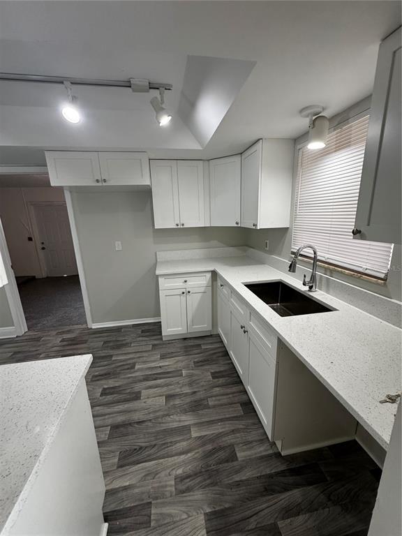 A kitchen features white cabinets, speckled countertops, a dark sink, and wood-look flooring — 6346 SAINT ANDREWS CIRCLE S, FORT MYERS, FL