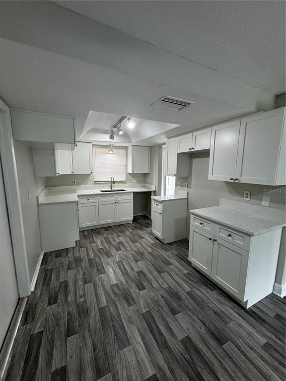 A kitchen features white cabinets, light countertops, and gray wood-look flooring — 6346 SAINT ANDREWS CIRCLE S, FORT MYERS, FL