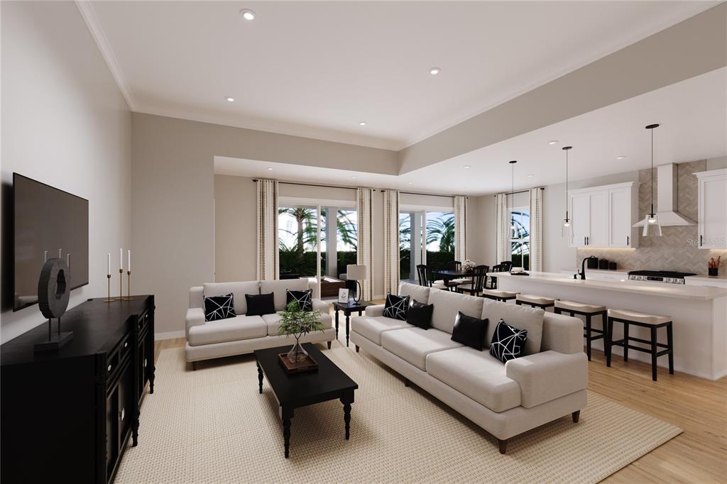 This is a rendering of an open-concept living room and kitchen with neutral furniture — 22134 PINE GROVE LOOP, LEESBURG, FL