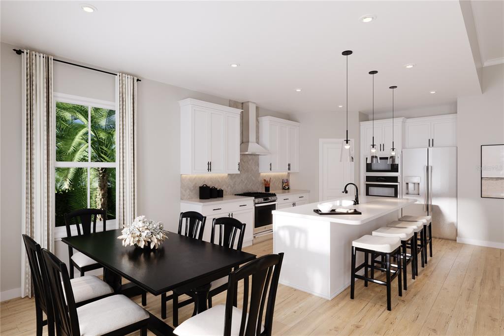 This is a rendering of a modern kitchen and dining area with white cabinetry and island — 22134 PINE GROVE LOOP, LEESBURG, FL