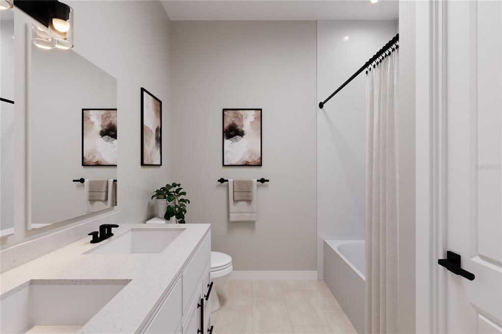 This rendering shows a modern bathroom with a double vanity, shower-tub combo, and neutral finishes — 22134 PINE GROVE LOOP, LEESBURG, FL