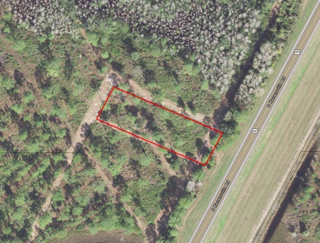 This is an aerial map view of a rectangular plot of land bordering a highway — 0 Kenansville, Okeechobee FL 34739, OKEECHOBEE, FL