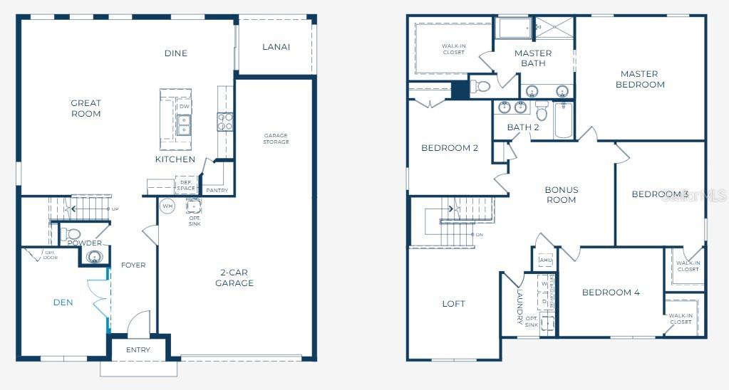 This is a two-story residential floor plan showing the layout of the main and upper levels — 1485 TRINIDAD STREET, DELAND, FL