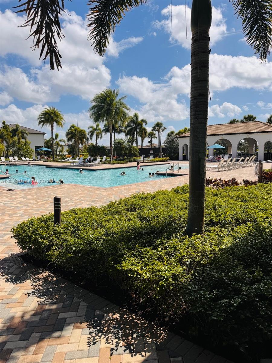 A swimming pool with lounge chairs and palm trees on a sunny day — 5811 CASSIDY LANE, Ave Maria FL 34142, AVE MARIA, FL